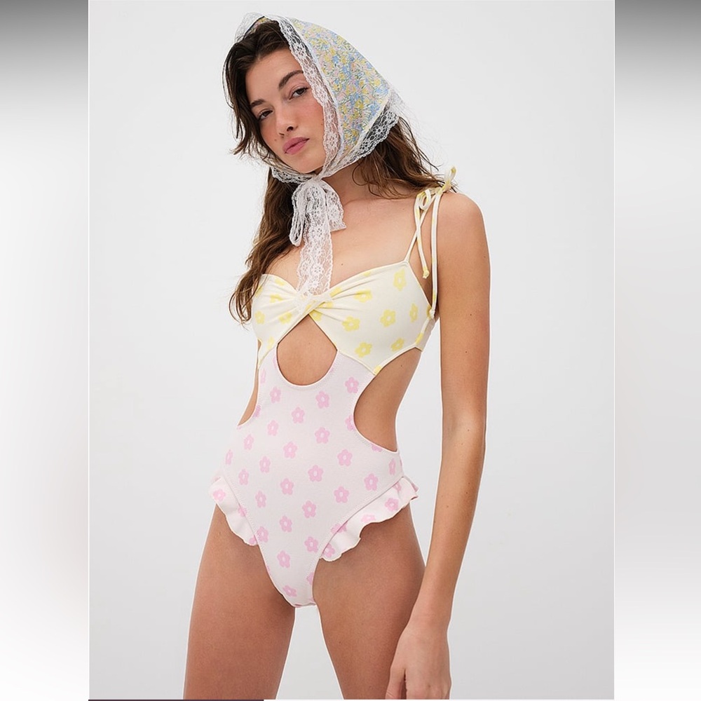 For Love & Lemons Yellow and Pink Floral Cutout One-Piece Swimsuit